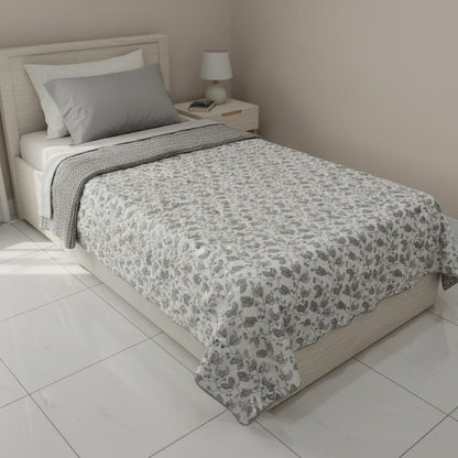 Floral White and Black Cotton Cambric Single Quilt
