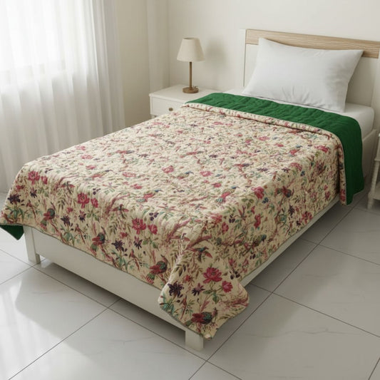 Birds of Paradise Yellow Green Cotton Cambric Single Quilt