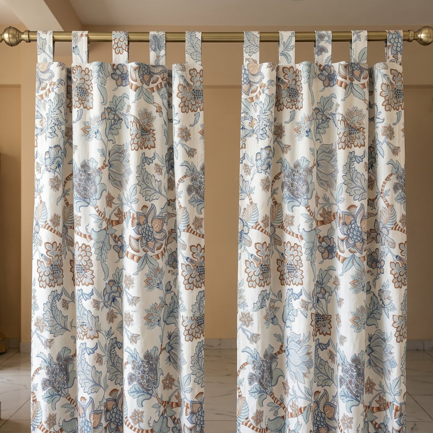 Blue Floral Cotton Cambric Curtain Pair