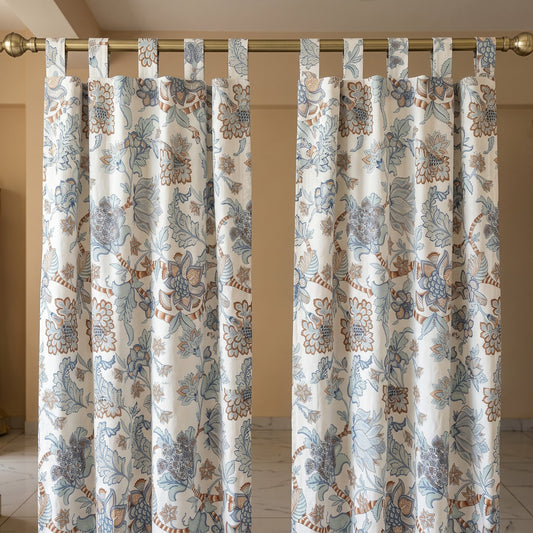 Blue Floral Cotton Cambric Curtain Pair