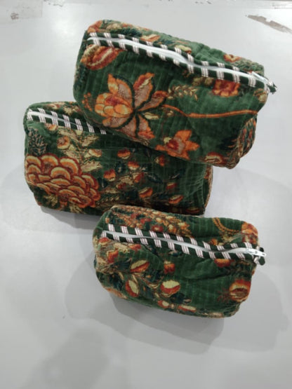 Cotton Velvet Vanity bag/ toiletry bag set of 3- Green Floral