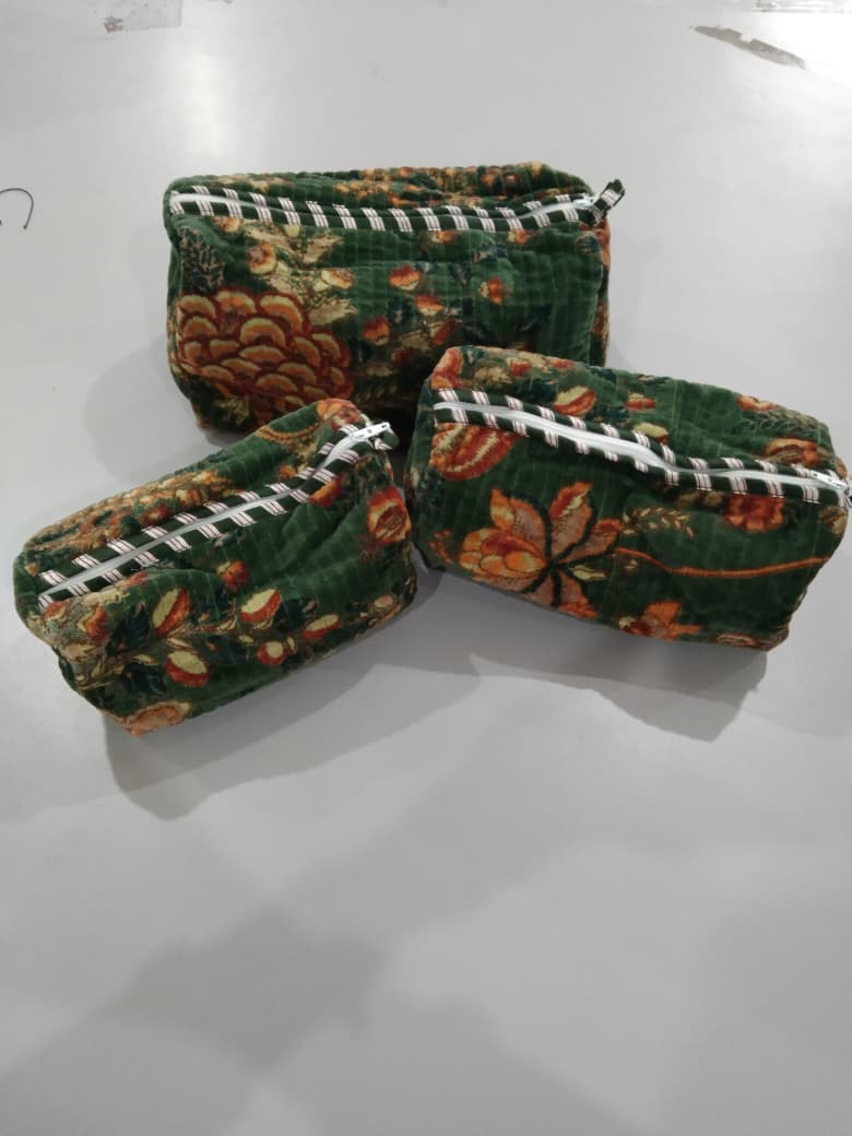 Cotton Velvet Vanity bag/ toiletry bag set of 3- Green Floral