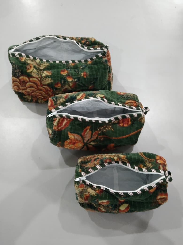 Cotton Velvet Vanity bag/ toiletry bag set of 3- Green Floral