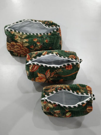 Cotton Velvet Vanity bag/ toiletry bag set of 3- Green Floral