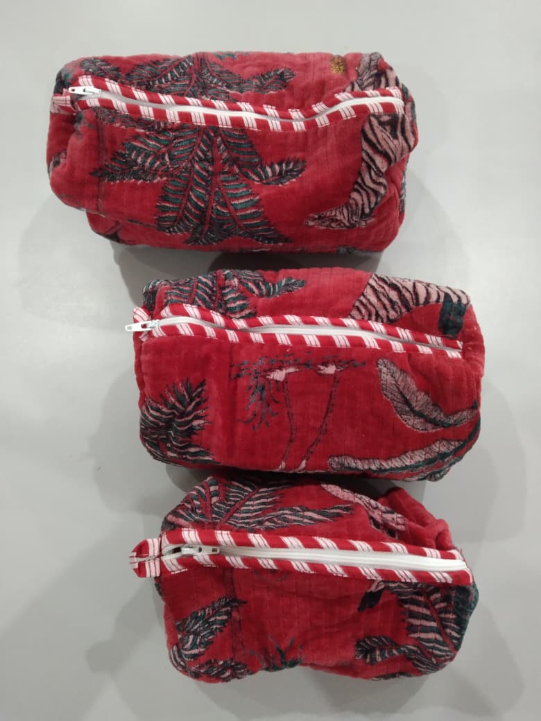 Cotton Velvet Vanity bag/ toiletry bag set of 3- Jungle Toile