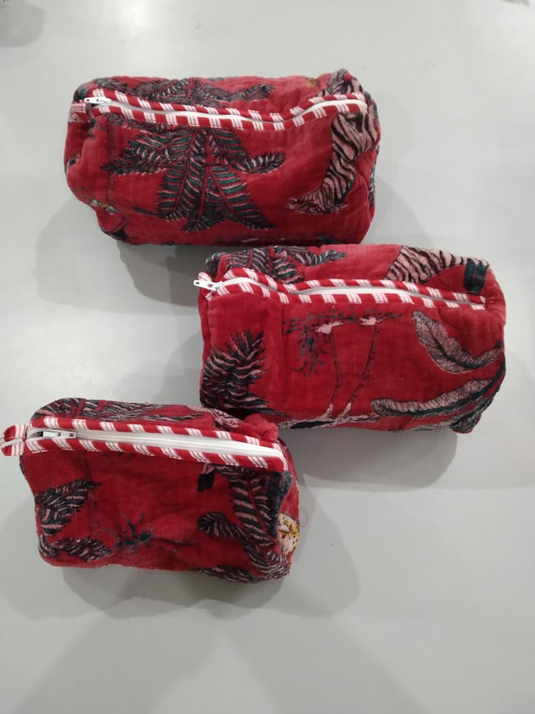 Cotton Velvet Vanity bag/ toiletry bag set of 3- Jungle Toile