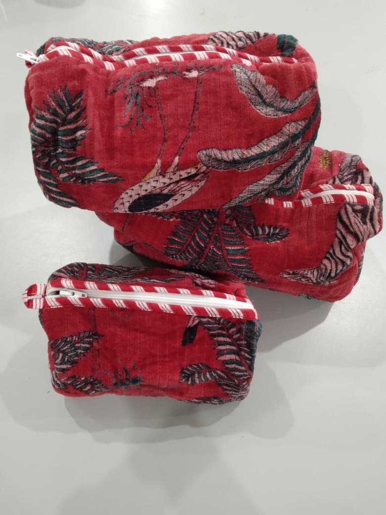 Cotton Velvet Vanity bag/ toiletry bag set of 3- Jungle Toile