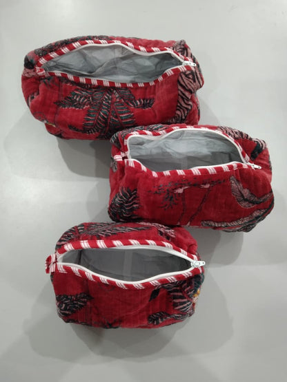 Cotton Velvet Vanity bag/ toiletry bag set of 3- Jungle Toile