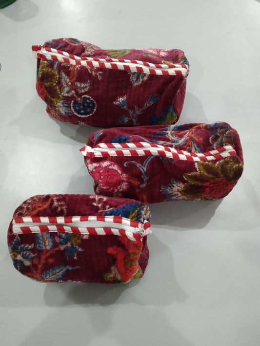 Cotton Velvet Vanity bag/ toiletry bag set of 3- Tree of life Red