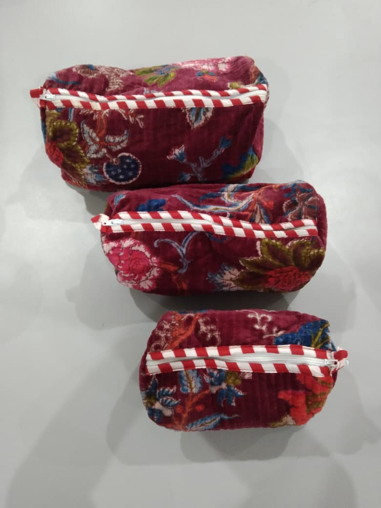 Cotton Velvet Vanity bag/ toiletry bag set of 3- Tree of life Red