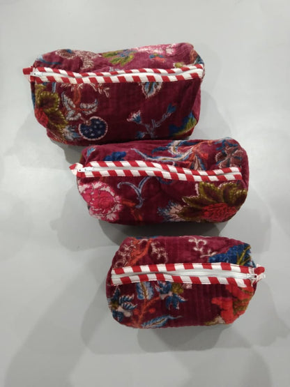 Cotton Velvet Vanity bag/ toiletry bag set of 3- Tree of life Red