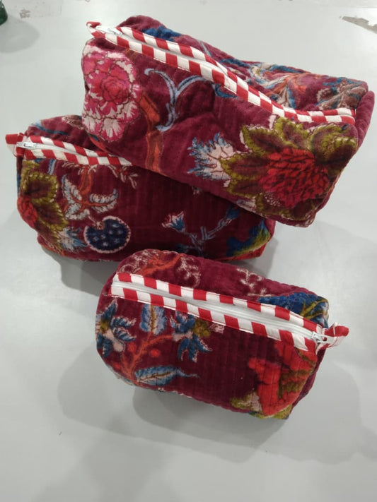Cotton Velvet Vanity bag/ toiletry bag set of 3- Tree of life Red