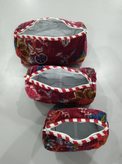 Cotton Velvet Vanity bag/ toiletry bag set of 3- Tree of life Red
