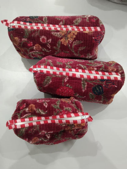 Cotton Velvet Vanity bag/ toiletry bag set of 3- Red Floral