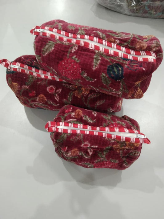 Cotton Velvet Vanity bag/ toiletry bag set of 3- Red Floral