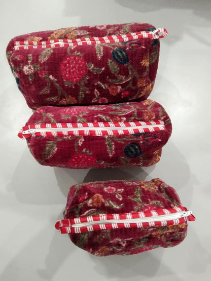 Cotton Velvet Vanity bag/ toiletry bag set of 3- Red Floral
