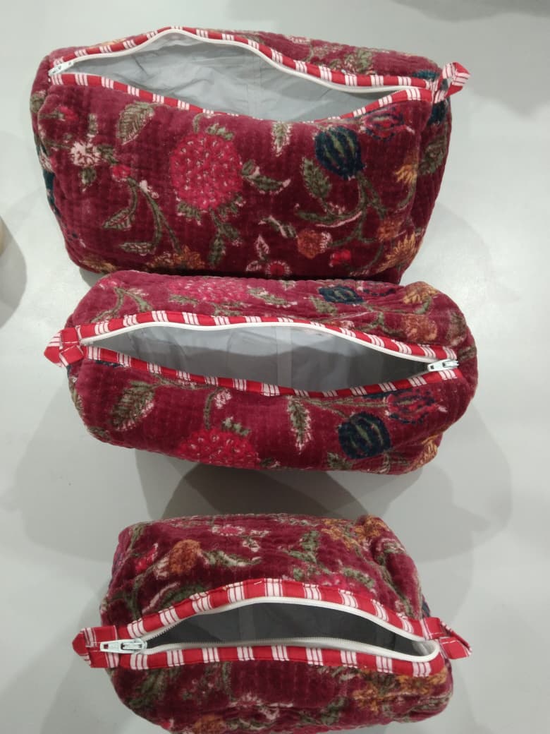 Cotton Velvet Vanity bag/ toiletry bag set of 3- Red Floral