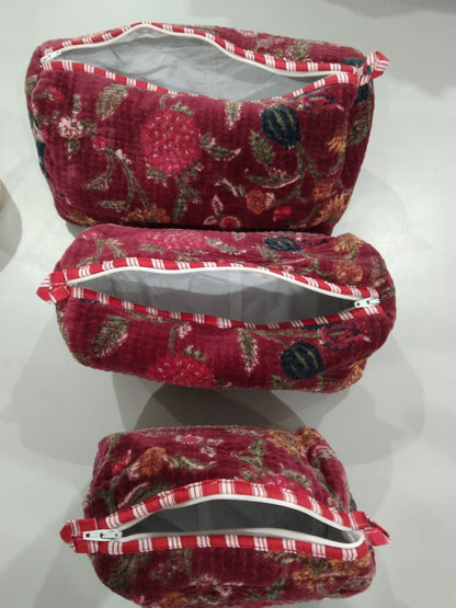 Cotton Velvet Vanity bag/ toiletry bag set of 3- Red Floral