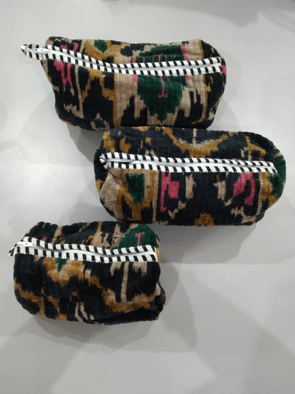 Cotton Velvet Vanity bag/ toiletry bag set of 3- Black Ekat