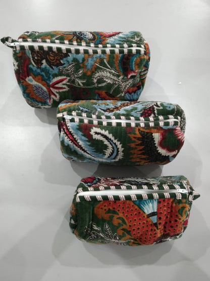 Cotton Velvet Vanity bag/ toiletry bag set of 3- Wildflower Green