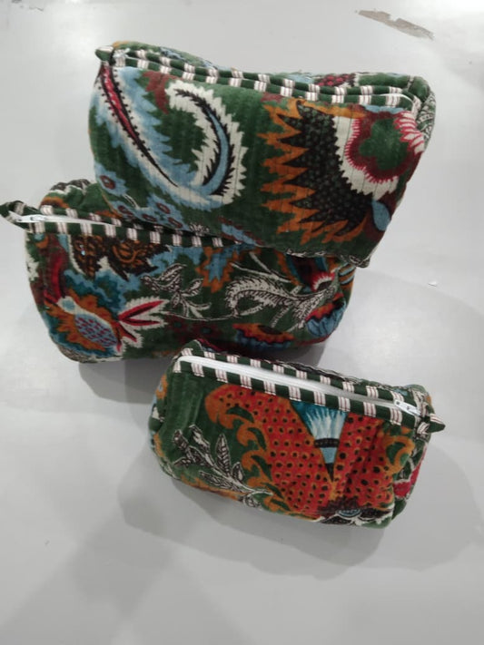 Cotton Velvet Vanity bag/ toiletry bag set of 3- Wildflower Green