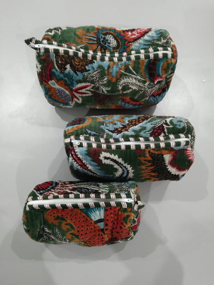 Cotton Velvet Vanity bag/ toiletry bag set of 3- Wildflower Green