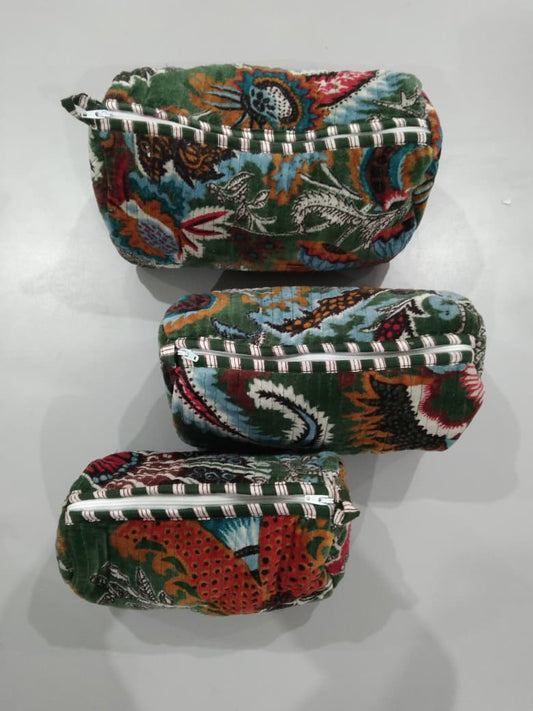 Cotton Velvet Vanity bag/ toiletry bag set of 3- Wildflower Green