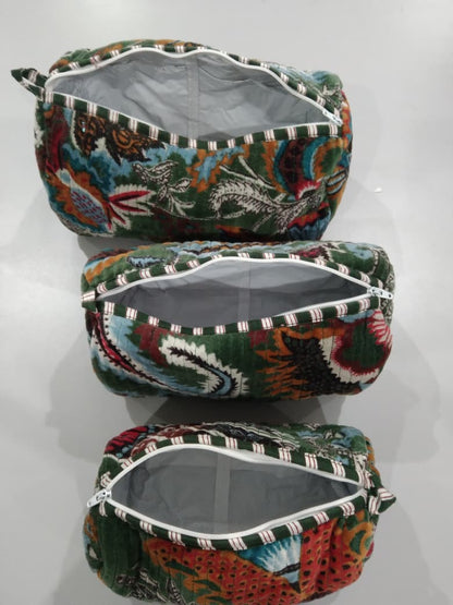 Cotton Velvet Vanity bag/ toiletry bag set of 3- Wildflower Green