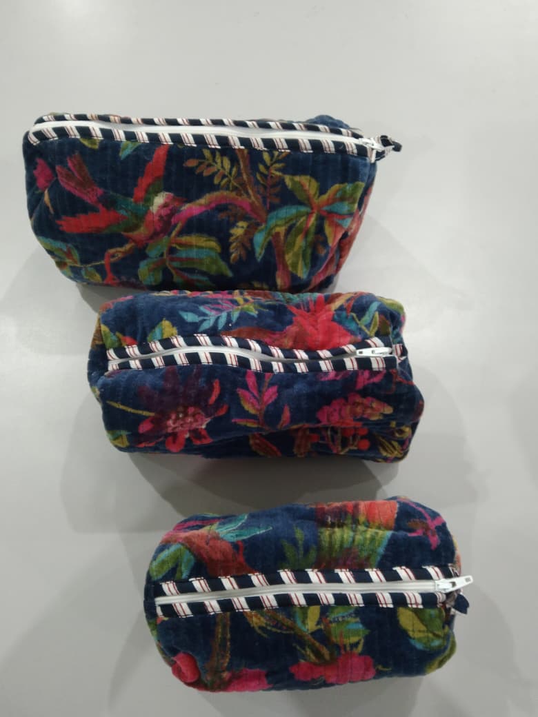 Cotton Velvet Vanity bag/ toiletry bag set of 3- Paradise