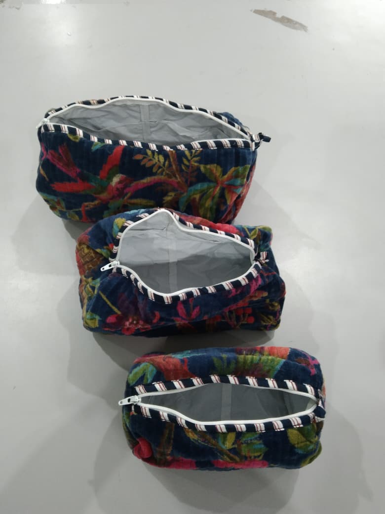 Cotton Velvet Vanity bag/ toiletry bag set of 3- Paradise