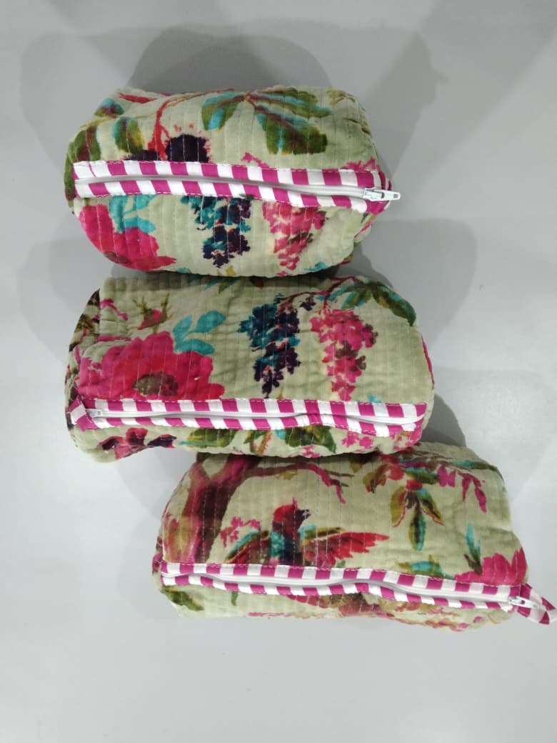 Cotton Velvet Vanity bag/ toiletry bag set of 3- Paradise
