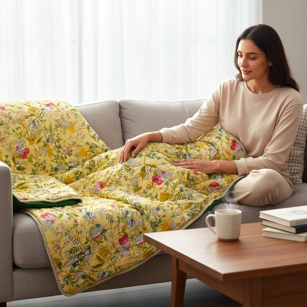 Floral Yellow Cotton Cambric Single Quilt
