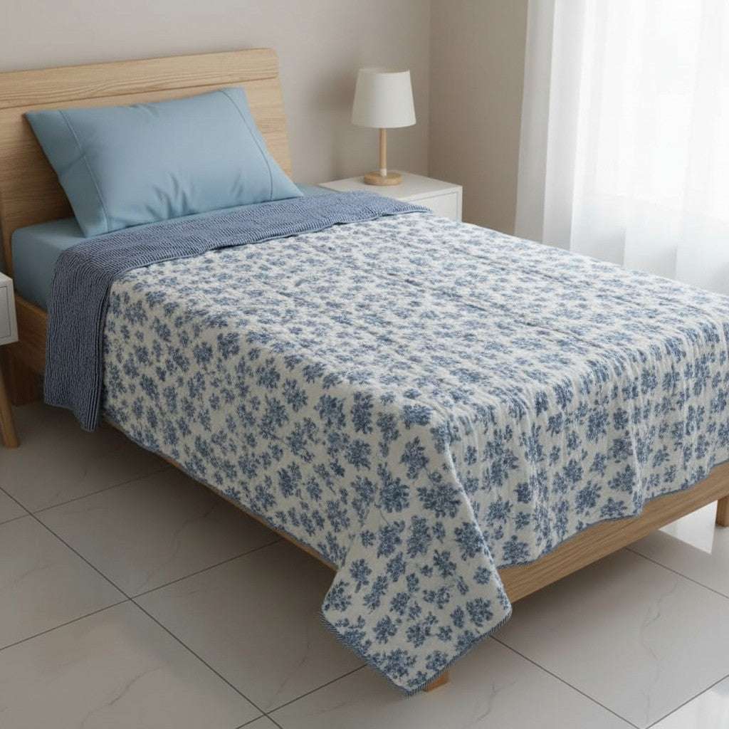 White and blue floral Cotton Cambric Single Quilt