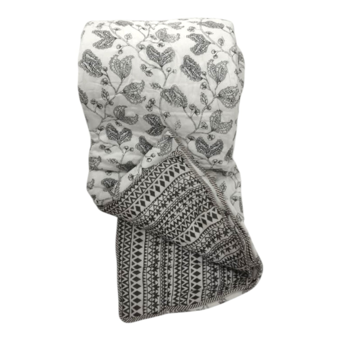 Floral White and Black Cotton Cambric Single Quilt