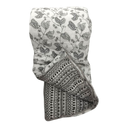 Floral White and Black Cotton Cambric Single Quilt