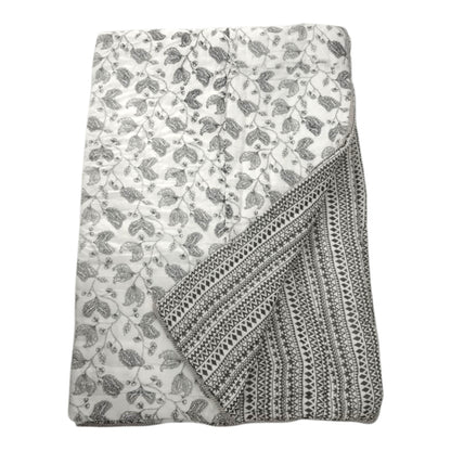 Floral White and Black Cotton Cambric Single Quilt