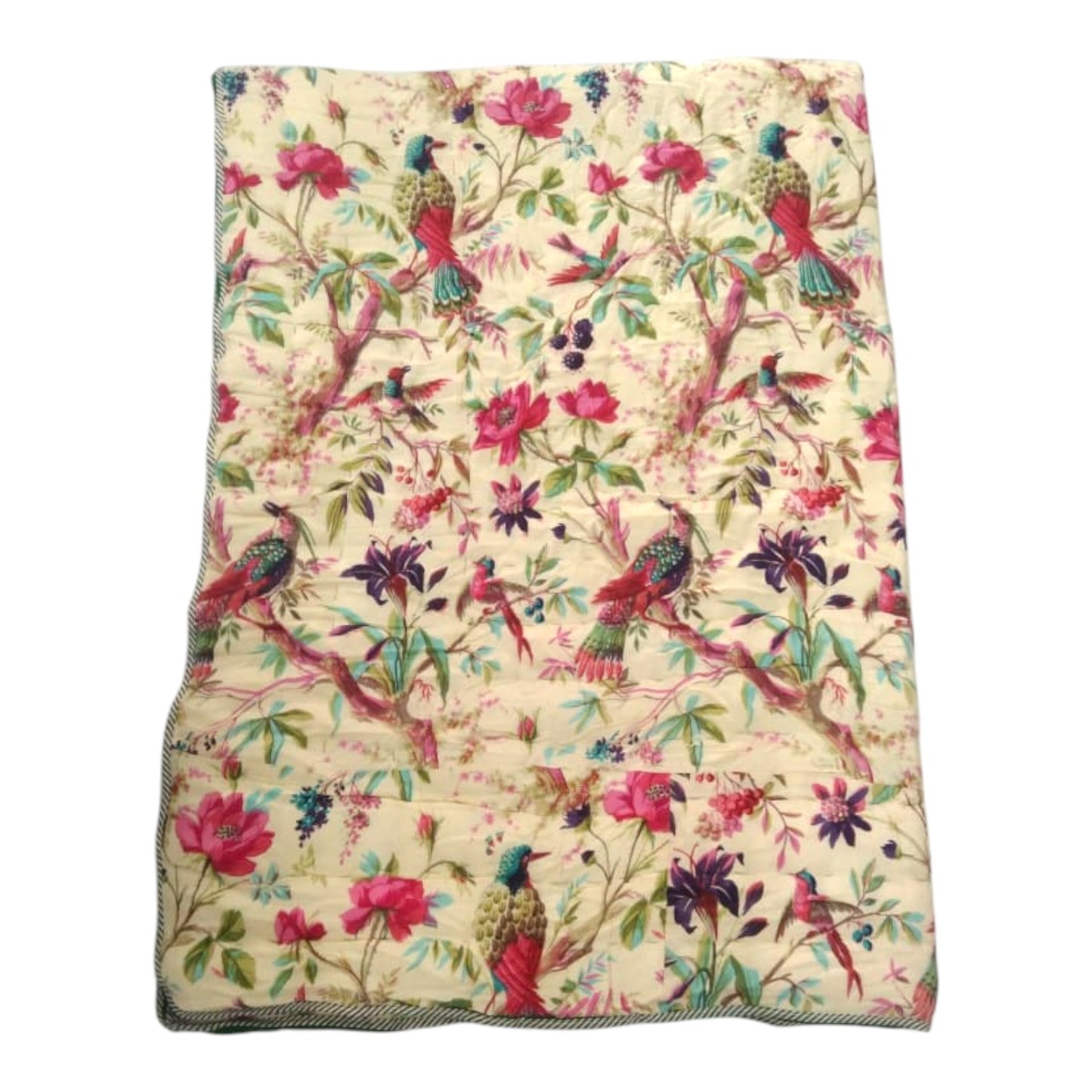 Birds of Paradise Yellow Green Cotton Cambric Single Quilt