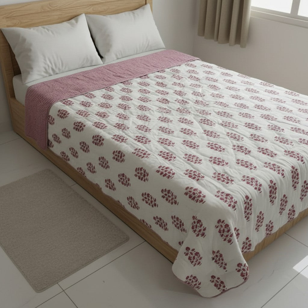 White and pink Cotton Cambric Single Quilt