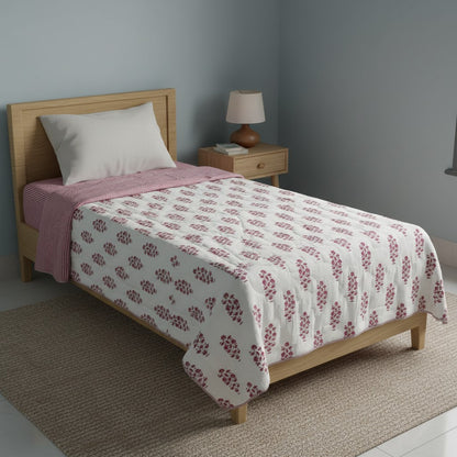 White and pink Cotton Cambric Single Quilt
