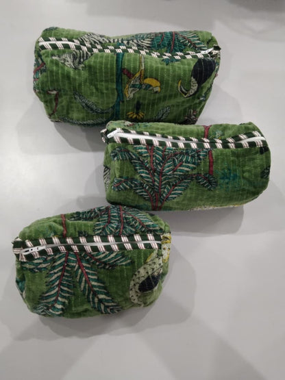 Cotton Velvet Vanity bag/ toiletry bag set of 3- Jungle Toile