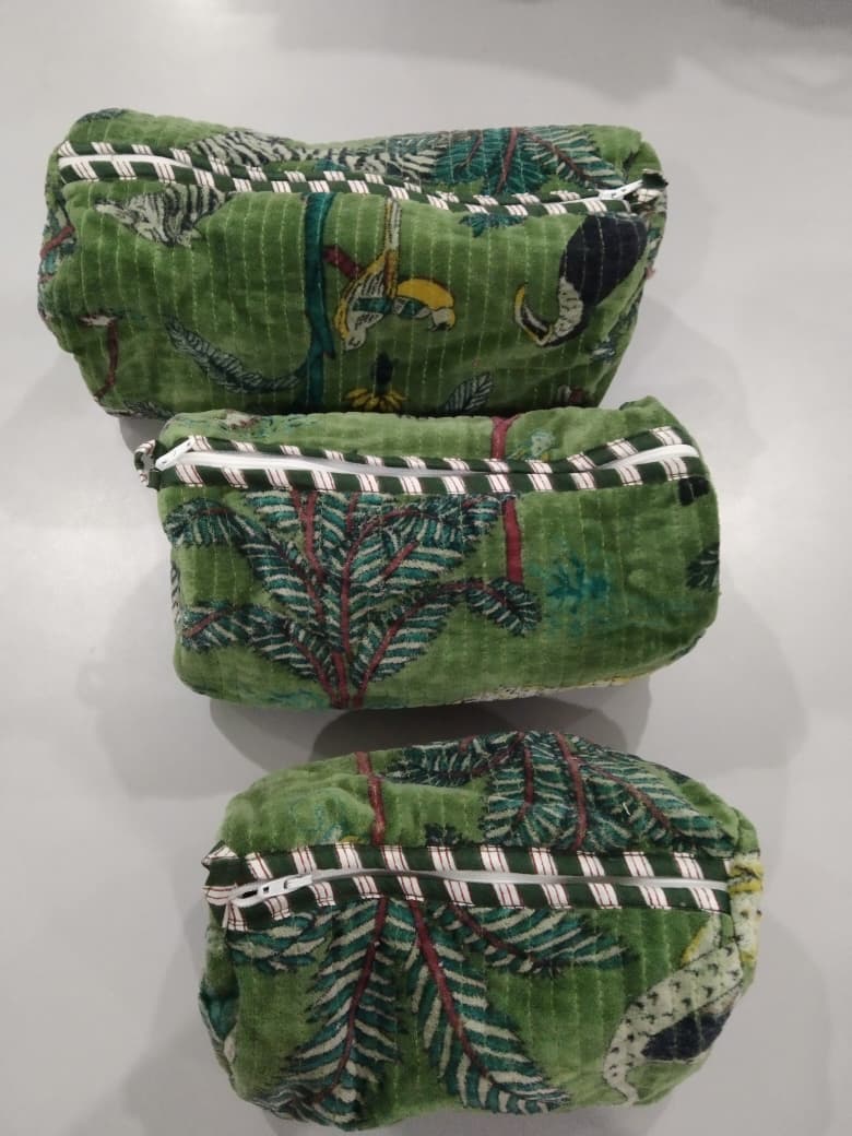 Cotton Velvet Vanity bag/ toiletry bag set of 3- Jungle Toile