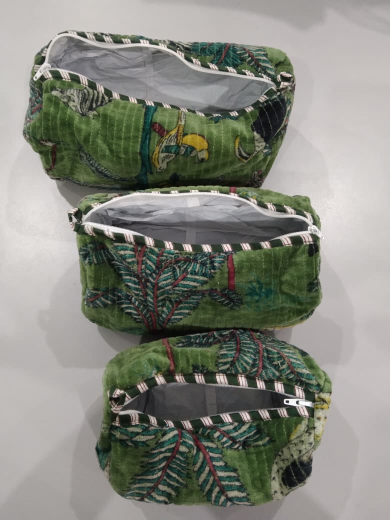Cotton Velvet Vanity bag/ toiletry bag set of 3- Jungle Toile