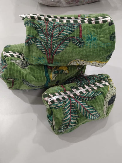 Cotton Velvet Vanity bag/ toiletry bag set of 3- Jungle Toile