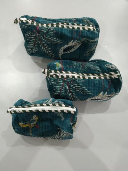 Cotton Velvet Vanity bag/ toiletry bag set of 3- Jungle Toile