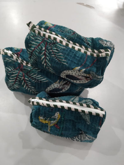 Cotton Velvet Vanity bag/ toiletry bag set of 3- Jungle Toile