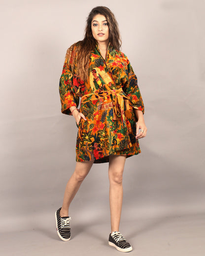 Cotton Velvet Short Kimono /Robe/Lounge Wear- Frida Kahlo Yellow