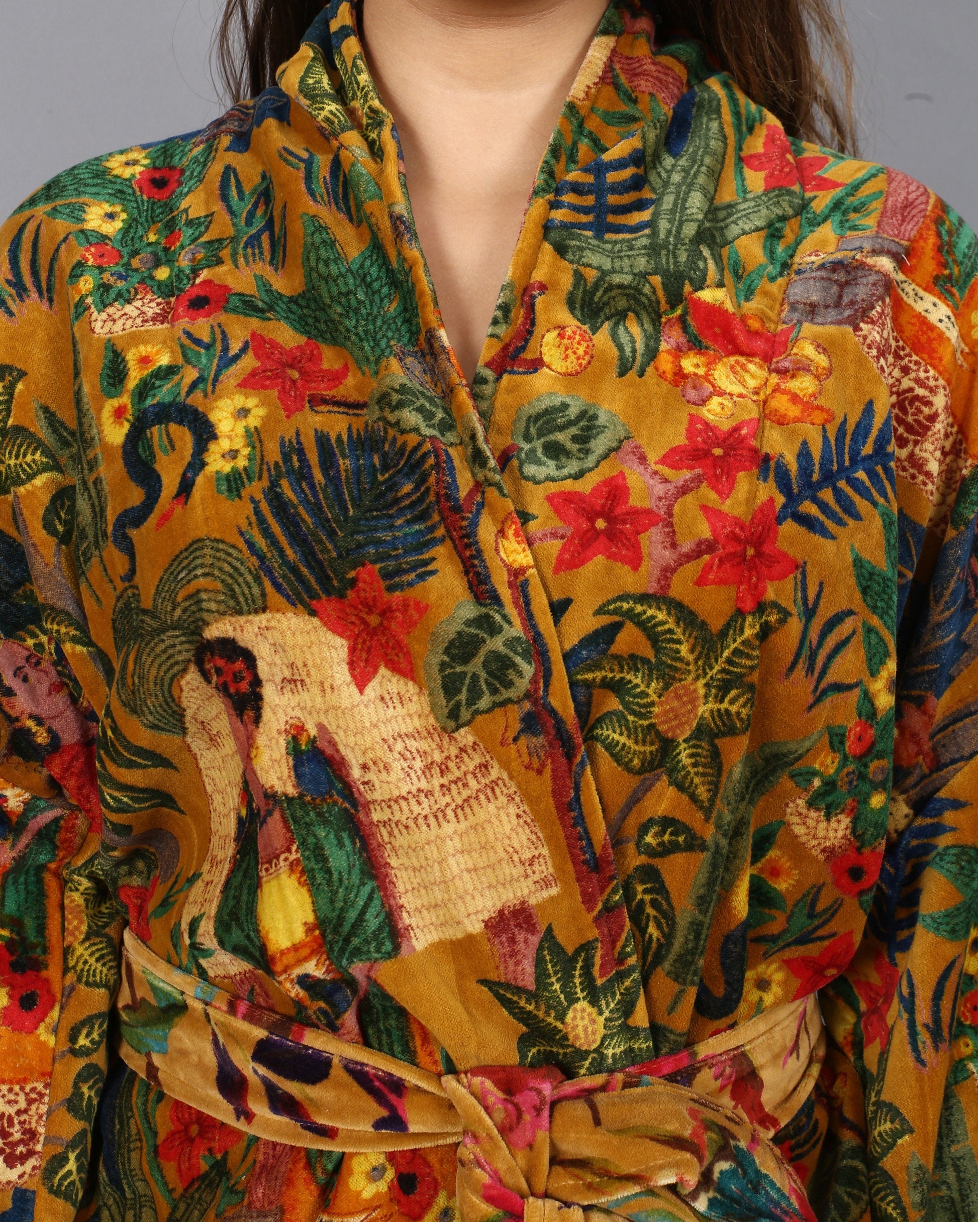 Cotton Velvet Short Kimono /Robe/Lounge Wear- Frida Kahlo Yellow
