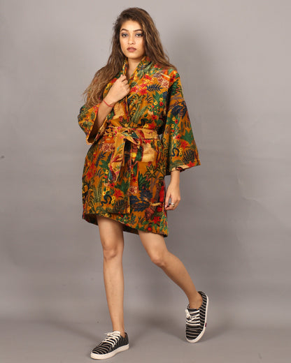Cotton Velvet Short Kimono /Robe/Lounge Wear- Frida Kahlo Yellow