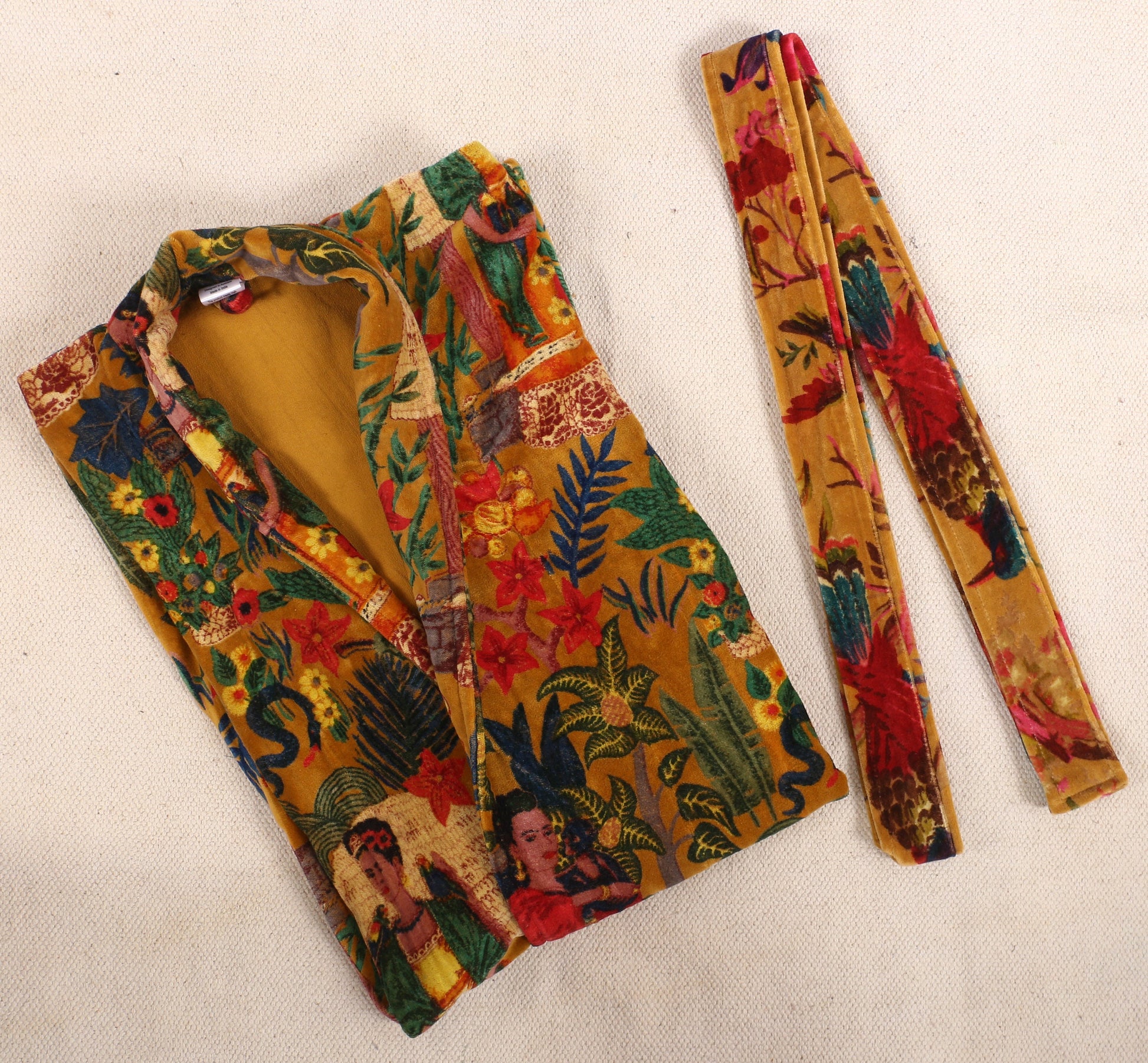 Cotton Velvet Short Kimono /Robe/Lounge Wear- Frida Kahlo Yellow