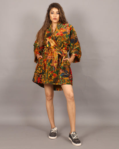 Cotton Velvet Short Kimono /Robe/Lounge Wear- Frida Kahlo Yellow
